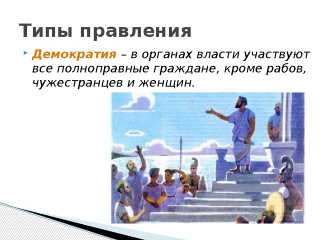 Типы правления Демократия – в органах власти участвуют все полноправные граждане, кроме рабов, чужестранцев и женщин. 