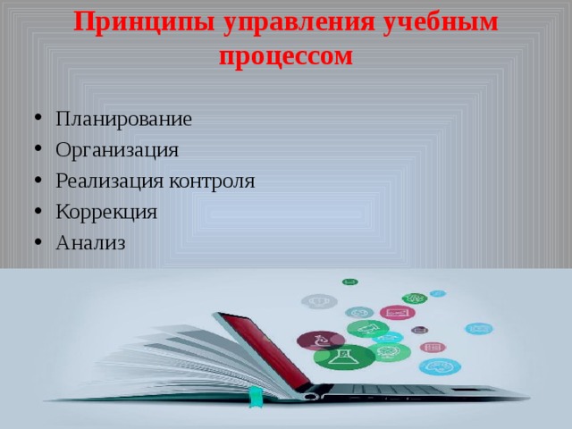 Принципы управления учебным процессом   Планирование Организация Реализация контроля Коррекция Анализ 