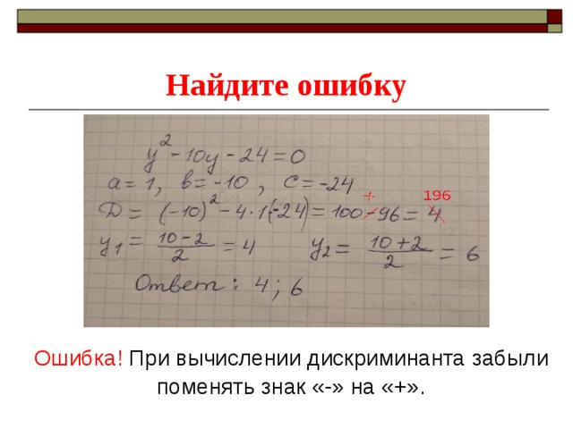Найдите ошибку Ошибка! При вычислении дискриминанта забыли поменять знак «-» на «+». 