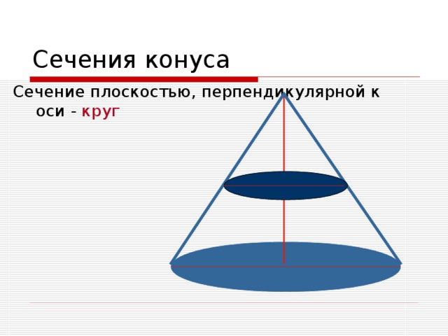Сечение плоскостью, перпендикулярной к оси - круг 
