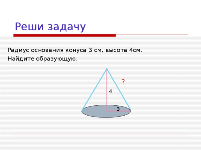 Реши задачу Радиус основания конуса 3 см, высота 4см. Найдите образующую. ? 4 3 