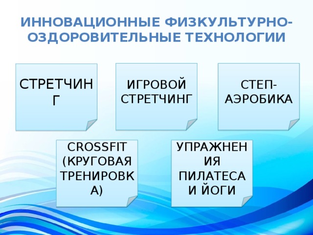 Инновационные физкультурно-оздоровительные технологии ИГРОВОЙ СТРЕТЧИНГ СТЕП-АЭРОБИКА СТРЕТЧИНГ CROSSFIT УПРАЖНЕНИЯ ПИЛАТЕСА И ЙОГИ (КРУГОВАЯ ТРЕНИРОВКА) 