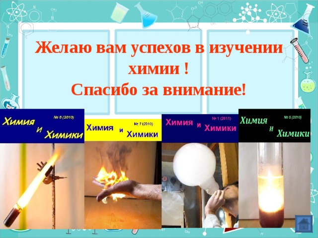 Желаю вам успехов в изучении химии !  Спасибо за внимание! 
