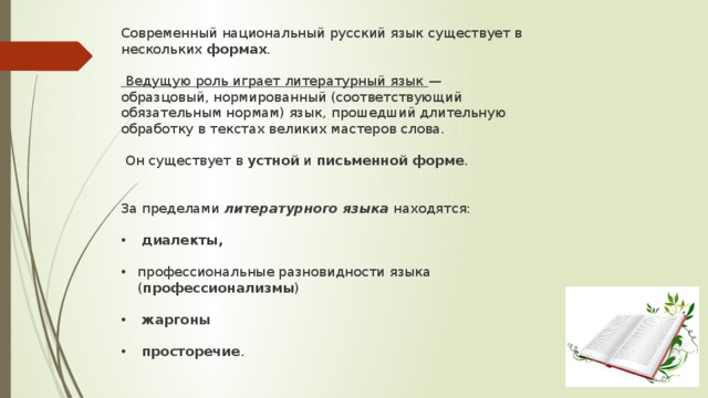 Современный национальный русский язык существует в нескольких формах .  Ведущую роль играет литературный язык — образцовый, нормированный (соответствующий обязательным нормам) язык, прошедший длительную обработку в текстах великих мастеров слова.  Он существует в устной и письменной форме . За пределами  литературного языка  находятся:  диалекты, профессиональные разновидности языка ( профессионализмы )  жаргоны  просторечие . 