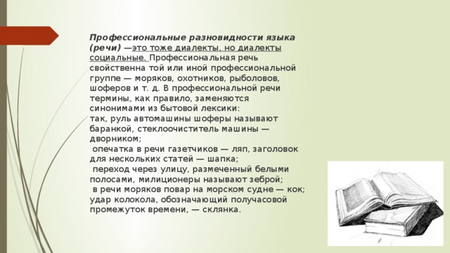 Профессиональные разновидности языка (речи)  — это тоже диалекты, но диалекты социальные. Профессиональная речь свойственна той или иной профессиональной группе — моряков, охотников, рыболовов, шоферов и т. д. В профессиональной речи термины, как правило, заменяются синонимами из бытовой лексики: так, руль автомашины шоферы называют баранкой, стеклоочиститель машины — дворником;  опечатка в речи газетчиков — ляп, заголовок для нескольких статей — шапка;  переход через улицу, размеченный белыми полосами, милиционеры называют зеброй;  в речи моряков повар на морском судне — кок; удар колокола, обозначающий получасовой промежуток времени, — склянка. 