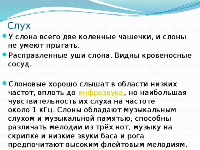 Слух У слона всего две коленные чашечки, и слоны не умеют прыгать. Расправленные уши слона. Видны кровеносные сосуд. Слоновые хорошо слышат в области низких частот, вплоть до  инфразвука , но наибольшая чувствительность их слуха на частоте около 1 кГц. Слоны обладают музыкальным слухом и музыкальной памятью, способны различать мелодии из трёх нот, музыку на скрипке и низкие звуки баса и рога предпочитают высоким флейтовым мелодиям. 