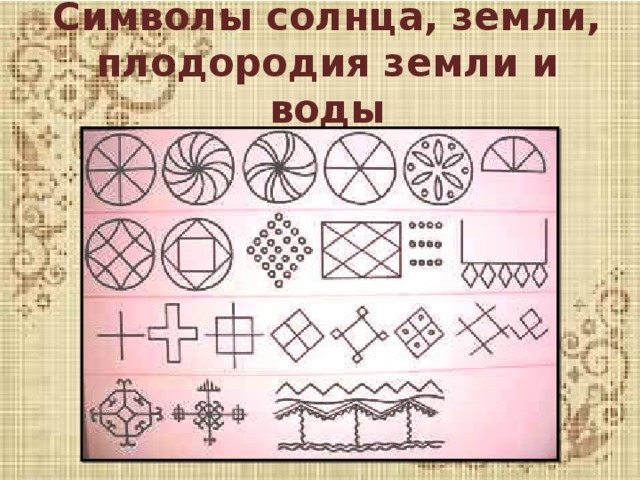 Символы солнца, земли, плодородия земли и воды 