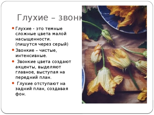Глухие – звонкие. Глухие - ϶ᴛᴏ темные сложные цвета малой насыщенности. (пишутся через серый) Звонкие – чистые, интенсивные.  Звонкие цвета создают акценты, выделяют главное, выступая на передний план.  Глухие отступают на задний план, создавая фон. 