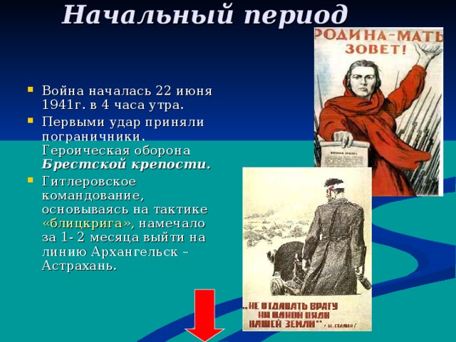 Начальный период   Война началась 22 июня 1941г. в 4 часа утра. Первыми удар приняли пограничники. Героическая оборона Брестской крепости. Гитлеровское командование, основываясь на тактике «блицкрига», намечало за 1- 2 месяца выйти на линию Архангельск – Астрахань.  