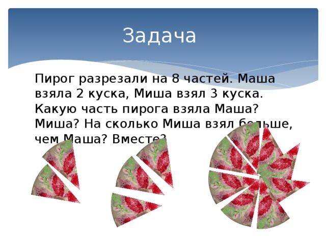 Задача Пирог разрезали на 8 частей. Маша взяла 2 куска, Миша взял 3 куска. Какую часть пирога взяла Маша? Миша? На сколько Миша взял больше, чем Маша? Вместе? 