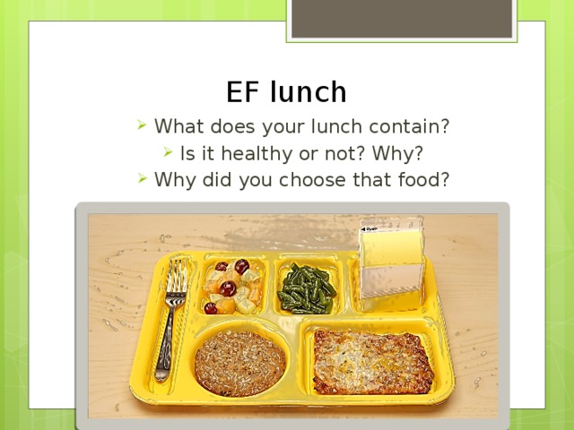 EF lunch What does your lunch contain? Is it healthy or not? Why? Why did you choose that food? 