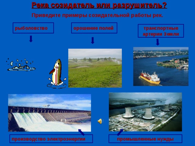 Река созидатель или разрушитель?   Приведите примеры созидательной работы рек. рыболовство орошение полей транспортные артерии Земли промышленные нужды производство электроэнергии 