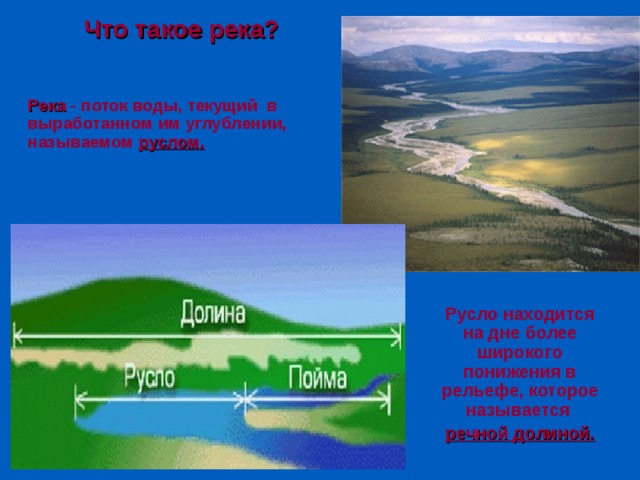 Что такое река? Река - поток воды, текущий в выработанном им углублении, называемом руслом. Русло находится на дне более широкого понижения в рельефе, которое называется речной долиной. 
