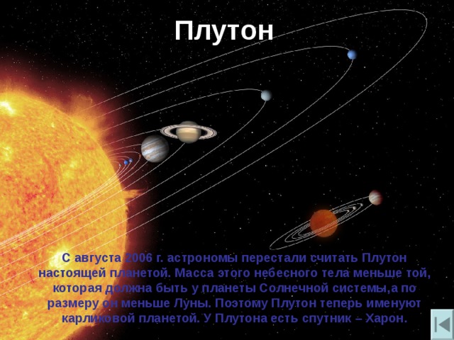 Плутон С августа 2006 г. астрономы перестали считать Плутон настоящей планетой. Масса этого небесного тела меньше той , которая должна быть у планеты Солнечной системы , а по размеру он меньше Луны. Поэтому Плутон теперь именуют карликовой планетой. У Плутона есть спутник – Харон. 
