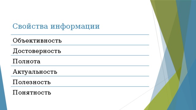 Свойства информации Объективность Достоверность Полнота Актуальность Полезность Понятность 