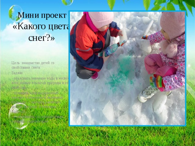 Мини проект «Какого цвета снег?» Цель: знакомство детей со свойствами снега. Задачи: - объяснить значение воды в жизни всех живых объектов природы и ее свойства. - проявить ярко выраженный интерес к объектам и явлениям природы; -- научить различать живую природу и неживую природу; - познакомить с особенностями природы родного края. 