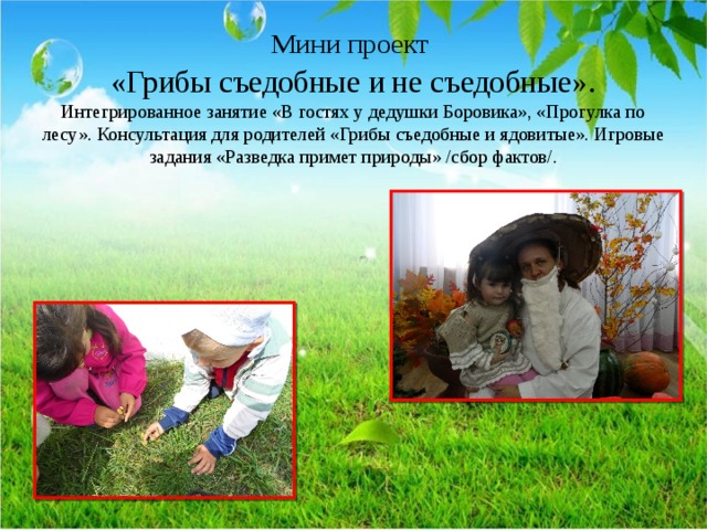 Мини проект  «Грибы съедобные и не съедобные» .  Интегрированное занятие «В гостях у дедушки Боровика», «Прогулка по лесу». Консультация для родителей «Грибы съедобные и ядовитые». Игровые задания «Разведка примет природы» /сбор фактов/. 