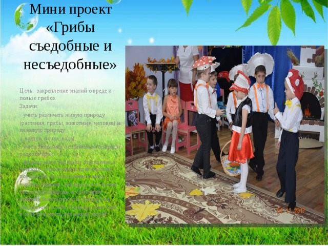 Мини проект «Грибы съедобные и несъедобные» Цель: закрепление знаний о вреде и пользе грибов. Задачи: - учить различать живую природу (растения, грибы, животные, человек) и неживую природу  ( воздух, почва, вода); - учить понимать особенности природы родного края; - формировать бережное отношение к природе, стремление к правильному поведению по отношению к миру - учить гуманно обращаться со всеми объектами природы и соблюдать правила безопасности в природе по отношению к себе. Природа тоже таит в себе опасность для жизни людей 