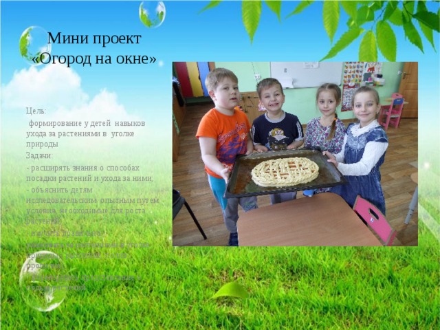 Мини проект  «Огород на окне» Цель:  формирование у детей навыков ухода за растениями в уголке природы Задачи: - расширять знания о способах посадки растений и ухода за ними; - объяснить детям исследовательским опытным путем условия, необходимые для роста растений; - научить правильно ухаживать за растениями в уголке природы,( рыхление, полив, прополка); - формировать представление о пользе растений. 