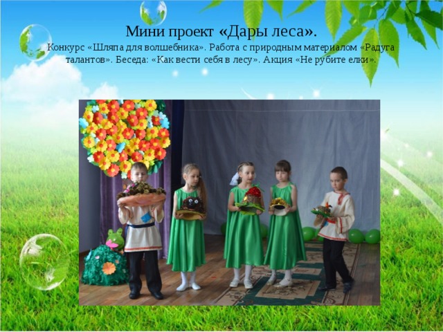 Мини проект «Дары леса».  Конкурс «Шляпа для волшебника». Работа с природным материалом «Радуга талантов». Беседа: «Как вести себя в лесу». Акция «Не рубите елки».    