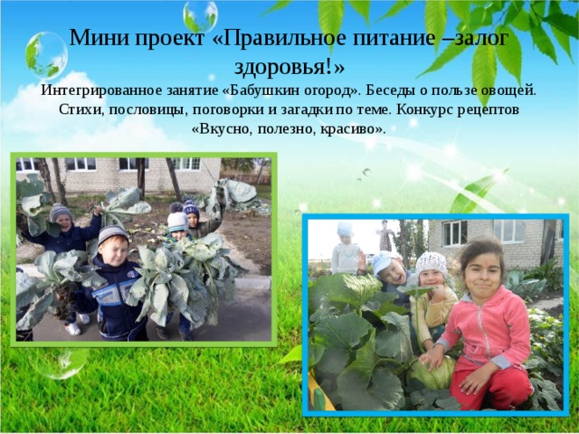 Мини проект «Правильное питание –залог здоровья!»  Интегрированное занятие «Бабушкин огород». Беседы о пользе овощей. Стихи, пословицы, поговорки и загадки по теме. Конкурс рецептов «Вкусно, полезно, красиво». 