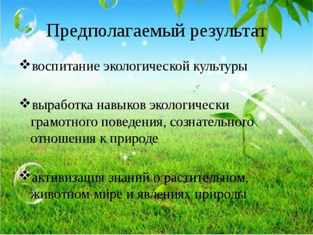 Предполагаемый результат воспитание экологической культуры выработка навыков экологически грамотного поведения, сознательного отношения к природе активизация знаний о растительном, животном мире и явлениях природы 