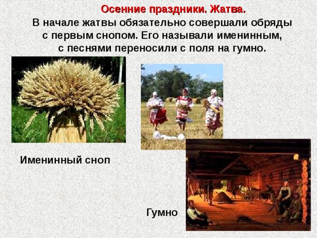  Осенние праздники. Жатва. В начале жатвы обязательно совершали обряды с первым снопом. Его называли именинным, с песнями переносили с поля на гумно. Именинный сноп Гумно 