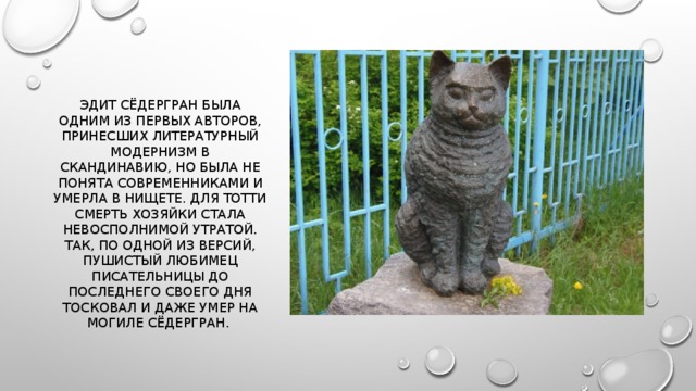 Эдит Сёдергран была одним из первых авторов, принесших литературный модернизм в Скандинавию, но была не понята современниками и умерла в нищете. Для Тотти смерть хозяйки стала невосполнимой утратой. Так, по одной из версий, пушистый любимец писательницы до последнего своего дня тосковал и даже умер на могиле Сёдергран.  
