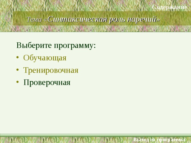 Содержание Тема « Синтаксическая роль наречий » Выберите программу: Обучающая Тренировочная Проверочная Выход из программы 