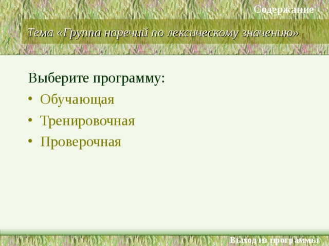 Содержание Тема «Группа наречий по лексическому значению» Выберите программу: Обучающая Тренировочная Проверочная Выход из программы 