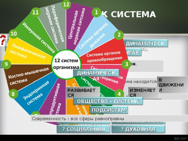 ОБЩЕСТВО КАК СИСТЕМА Определите системные характеристики общества ДИНАМИЧЕСКАЯ СЛОЖНАЯ ОТКРЫТАЯ Целое составленное из частей , элементов , совокупность СИСТЕМА ДИНАМИЧЕСКАЯ В ДВИЖЕНИИ (динамо – движение) система находится ______________ ________________, в ней что-то ______________ РАЗВИВАЕТСЯ ИЗМЕНЯЕТСЯ ОБЩЕСТВО - СИСТЕМА ПОДСИСТЕМЫ М.Вебер – развитие общества определяет духовная сфера (религия) К. Маркс – развитие общества определяет экономика Иерархия и взаимосвязь сфер общественный жизнь Современность – все сферы равноправны ? ЭКОНОМИЧЕСКАЯ ? ПОЛИТИЧЕСКАЯ ? СОЦИАЛЬНАЯ ? ДУХОВНАЯ 