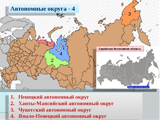 Автономные округа - 4 Еврейская Автономная область Ненецкий автономный округ Ханты-Мансийский автономный округ Чукотский автономный округ Ямало-Ненецкий автономный округ 6 