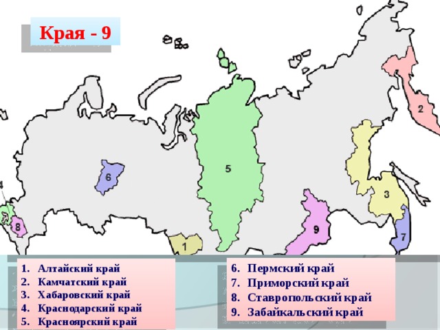 Края - 9 Пермский край Приморский край Ставропольский край Забайкальский край Алтайский край Камчатский край Хабаровский край Краснодарский край Красноярский край 