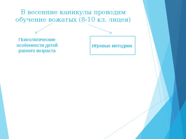 В весенние каникулы проводим обучение вожатых (8-10 кл. лицея) Психологические особенности детей разного возраста Игровые методики 
