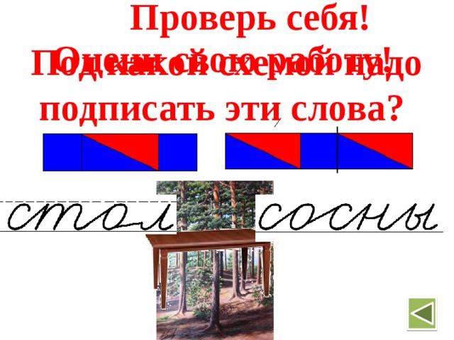  Проверь себя! Под какой схемой надо подписать эти слова?  Оцени свою работу! 