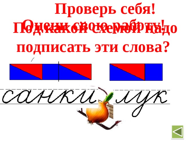  Проверь себя! Под какой схемой надо подписать эти слова?  Оцени свою работу!  