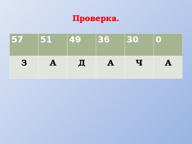 Проверка. 57  51 З  А  49 36 Д  А  30 0 Ч  А  