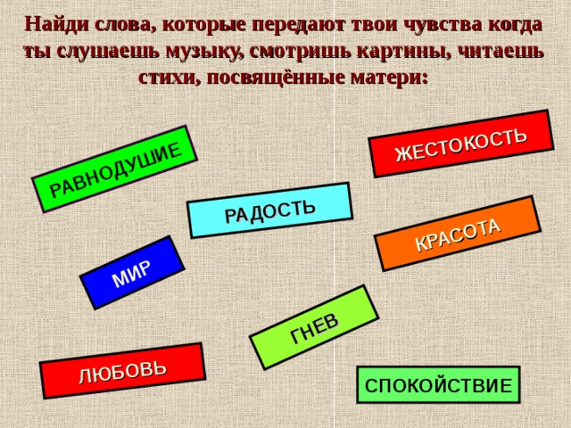 РАВНОДУШИЕ ЖЕСТОКОСТЬ МИР ГНЕВ КРАСОТА ЛЮБОВЬ РАДОСТЬ Найди слова, которые передают твои чувства когда ты слушаешь музыку, смотришь картины, читаешь стихи, посвящённые матери: СПОКОЙСТВИЕ    