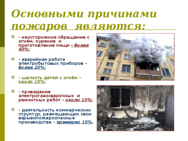 Основными причинами пожаров являются: - неосторожное обращение с огнём, курение и приготовление пищи – более 40%;  - аварийная работа электробытовых приборов – более 20%;  - шалость детей с огнём – около 10%;  - проведение электрогазосварочных и ремонтных работ – около 10%;  - деятельность коммерческих структур, размещающих свои взрывопожароопасные производства – примерно 10%. 