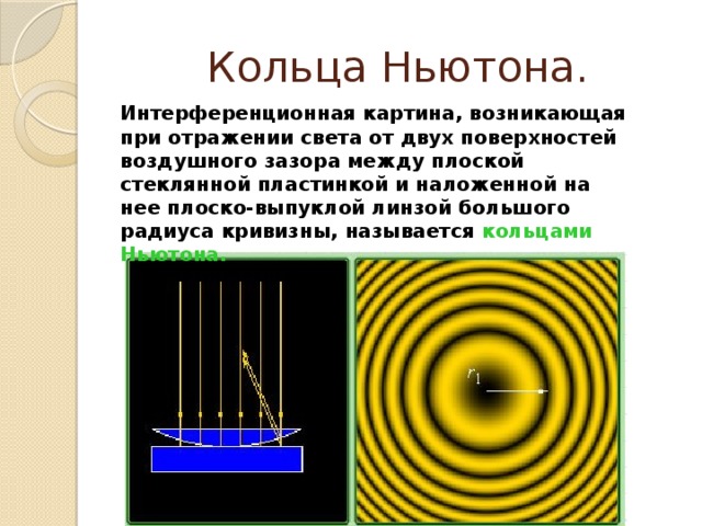 Кольца Ньютона. Интерференционная картина, возникающая при отражении света от двух поверхностей воздушного зазора между плоской стеклянной пластинкой и наложенной на нее плоско-выпуклой линзой большого радиуса кривизны, называется кольцами  Ньютона.  