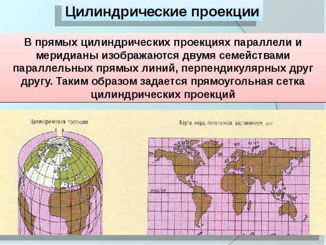 Цилиндрические проекции В прямых цилиндрических проекциях параллели и меридианы изображаются двумя семействами параллельных прямых линий, перпендикулярных друг другу. Таким образом задается прямоугольная сетка цилиндрических проекций 