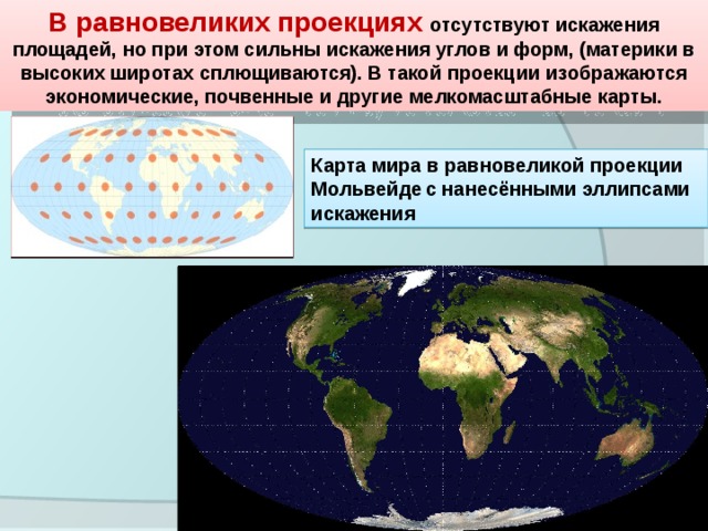 В равновеликих проекциях отсутствуют искажения площадей, но при этом сильны искажения углов и форм, (материки в высоких широтах сплющиваются). В такой проекции изображаются экономические, почвенные и другие мелкомасштабные карты. Карта мира в равновеликой проекции Мольвейде  с нанесёнными эллипсами искажения 