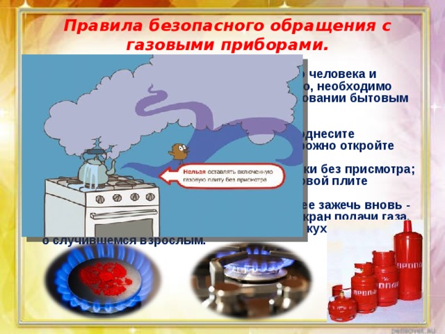 Правила безопасного обращения с газовыми приборами.    Утечка газа может привести к отравлению человека и взрыву помещения. Чтобы предотвратить это, необходимо соблюдать правила безопасности при пользовании бытовым газом. Основные правила: чтобы зажечь газовую горелку, сначала поднесите зажженную спичку, а затем плавно и осторожно откройте газовый кран; не оставляйте включенные газовые горелки без присмотра; следите за тем, чтобы нагреваемая на газовой плите жидкость не залила пламя горелки; заметив потухшую горелку, не пытайтесь ее зажечь вновь - это может привести к взрыву. Перекройте кран подачи газа, распахните окна и как следует проветрите кухню. Сообщите о случившемся взрослым. 