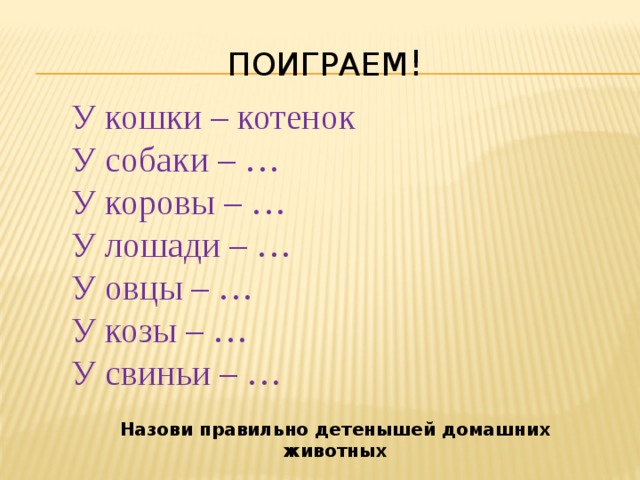 Поиграем ! У кошки – котенок У собаки – … У коровы – … У лошади – … У овцы – … У козы – … У свиньи – … Назови правильно детенышей домашних животных 