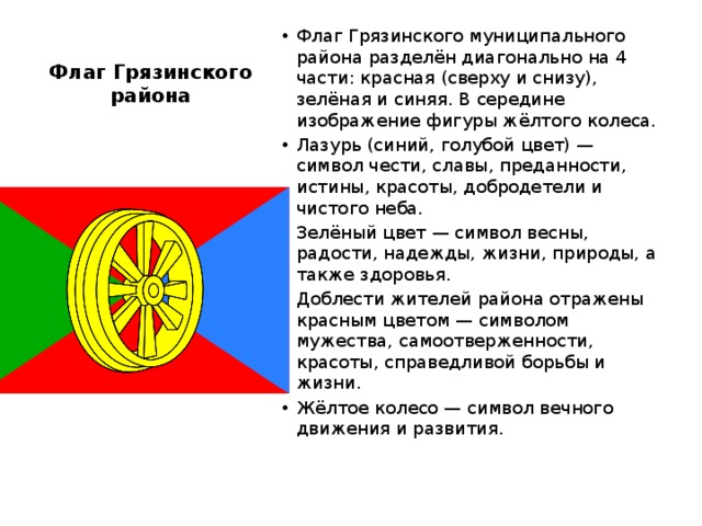 Флаг Грязинского района Флаг Грязинского муниципального района разделён диагонально на 4 части: красная (сверху и снизу), зелёная и синяя. В середине изображение фигуры жёлтого колеса. Лазурь (синий, голубой цвет) — символ чести, славы, преданности, истины, красоты, добродетели и чистого неба. Зелёный цвет — символ весны, радости, надежды, жизни, природы, а также здоровья. Доблести жителей района отражены красным цветом — символом мужества, самоотверженности, красоты, справедливой борьбы и жизни. Жёлтое колесо — символ вечного движения и развития. 