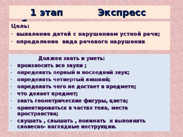  1 этап Экспресс -обследование Цель:  выявление детей с нарушением устной речи;  определение вида речевого нарушения .  Должен знать и уметь: произносить все звуки ; определять первый и последний звук; определять четвертый лишний; определять чего не достает в предмете; что делает предмет; знать геометрические фигуры, цвета; ориентироваться в частях тела, места пространства; слушать , слышать , понимать и выполнять словесно- наглядные инструкции.  