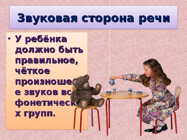 Звуковая сторона речи У ребёнка должно быть правильное, чёткое произношение звуков всех фонетических групп.   
