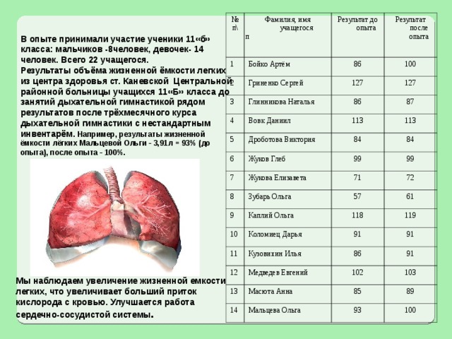  № п\п 1 Фамилия, имя учащегося 2 Бойко Артём Результат до опыта Гриненко Сергей 86 3 Результат после опыта 100 127 Глинникова Наталья 4 5 127 Вовк Даниил 86 Дроботова Виктория 6 113 87 Жуков Глеб 7 113 84 Жукова Елизавета 8 84 99 99 Зубарь Ольга 9 71 72 Каплий Ольга 10 57 11 Коломиец Дарья 61 118 Кузовихин Илья 12 91 119 Медведев Евгений 13 86 91 102 91 Масюта Анна 14 103 Мальцева Ольга 85 89 93 100 В опыте принимали участие ученики 11«б» класса: мальчиков -8человек, девочек- 14 человек. Всего 22 учащегося. Результаты объёма жизненной ёмкости легких из центра здоровья ст. Каневской Центральной районной больницы учащихся 11«Б» класса до занятий дыхательной гимнастикой рядом результатов после трёхмесячного курса дыхательной гимнастики с нестандартным инвентарём. Например, результаты жизненной ёмкости лёгких Мальцевой Ольги - 3,91л = 93% (до опыта), после опыта - 100%.  Мы наблюдаем увеличение жизненной емкости легких, что увеличивает больший приток кислорода с кровью. Улучшается работа сердечно-сосудистой системы . 