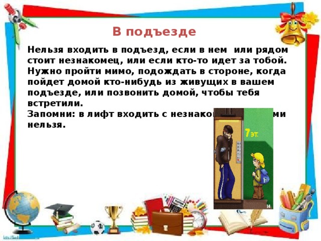 В подъезде Нельзя входить в подъезд, если в нем или рядом стоит незнакомец, или если кто-то идет за тобой. Нужно пройти мимо, подождать в стороне, когда пойдет домой кто-нибудь из живущих в вашем подъезде, или позвонить домой, чтобы тебя встретили. Запомни: в лифт входить с незнакомыми людьми нельзя. 