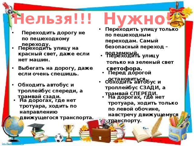 Нужно! Нельзя!!! Переходить улицу только по пешеходным переходам. Самый безопасный переход – подземный . Переходить дорогу не по пешеходному переходу. Переходить улицу на красный свет, даже если нет машин. Переходить улицу только на зеленый свет светофора. Выбегать на дорогу, даже если очень спешишь. Перед дорогой остановиться . Обходить автобус и троллейбус СЗАДИ, а трамвай СПЕРЕДИ. Обходить автобус и троллейбус спереди, а трамвай сзади. На дорогах, где нет тротуара, ходить только по левой обочине, навстречу движущемуся транспорту. На дорогах, где нет тротуара, ходить по направлению движущегося транспорта. 